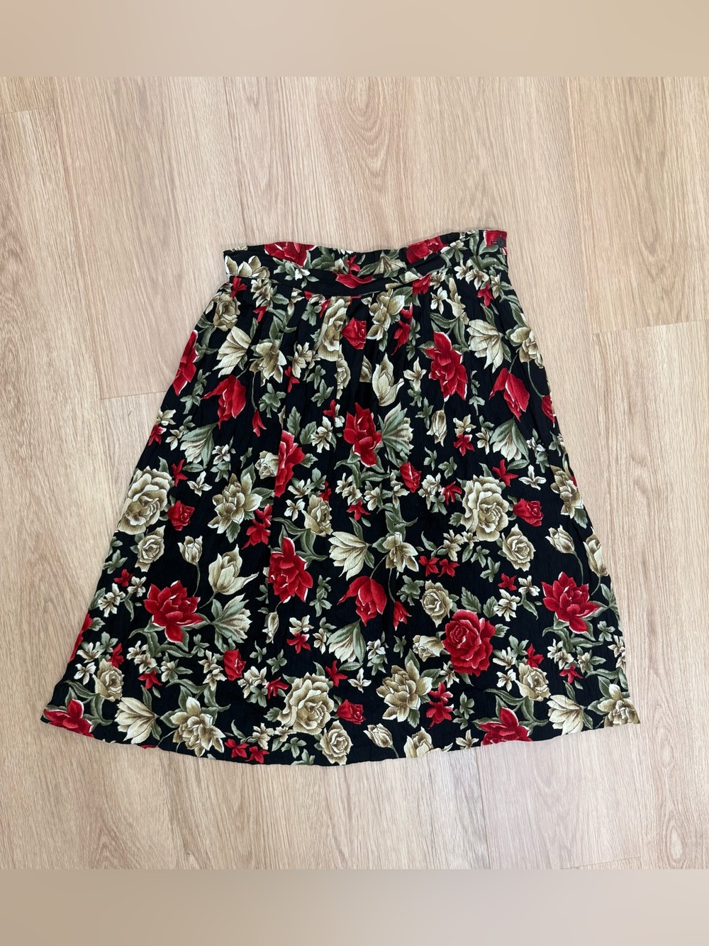 Vintage Alfred Dunner Black A-Line Skirt with Red & Cream Floral Print, USA MADE
